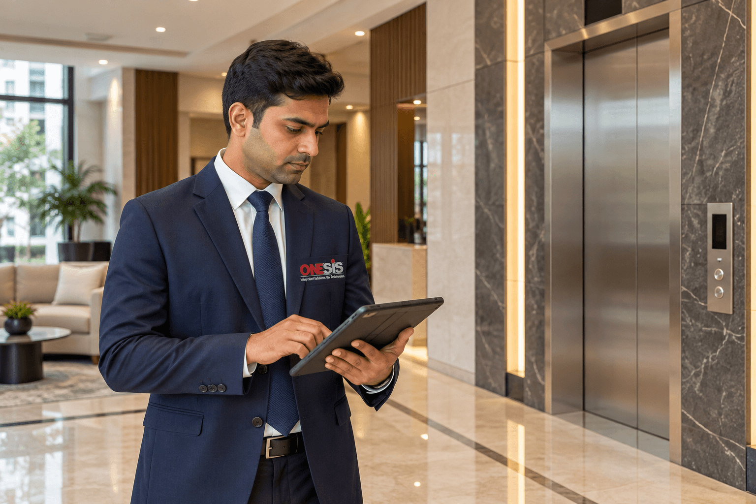 Modern apartment lobby with reception desk