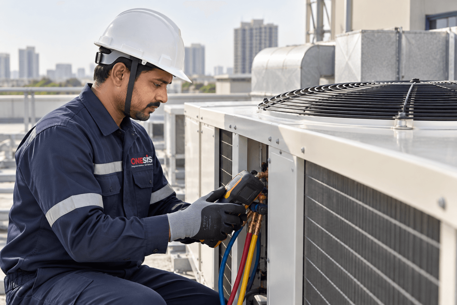 HVAC technician inspecting rooftop units